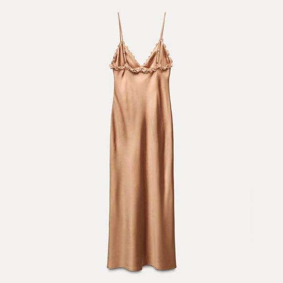 NWT ZARA CONTRASTING RUFFLES SATIN EFFECT DRESS gold/ champagne color - Picture 13 of 15